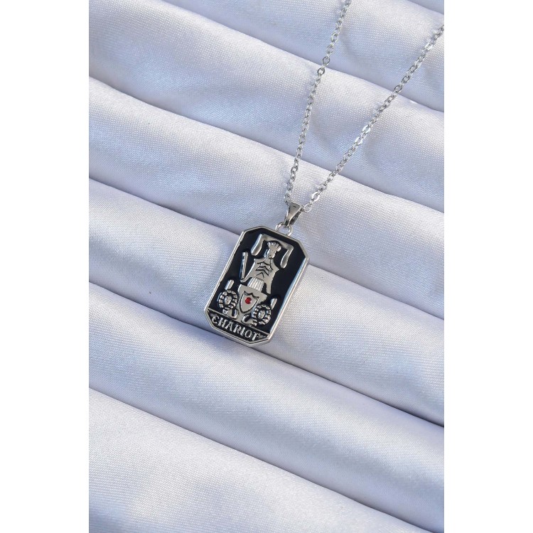 316L Çelik Zincir Gümüş Renk Siyah Mineli Tarot Kolye TJ-BKO9246