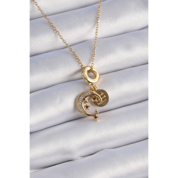 316L Çelik Gold Renk Zirkon Taşlı Ay Yıldız Model Charm Model Kadın Kolye TJ-BKO9312