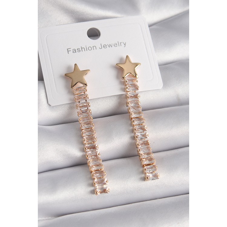 Pirinç Gold Renk Yıldız Model Su Yolu Zirkon Taşlı Kadın Küpe TJ-BKP9626