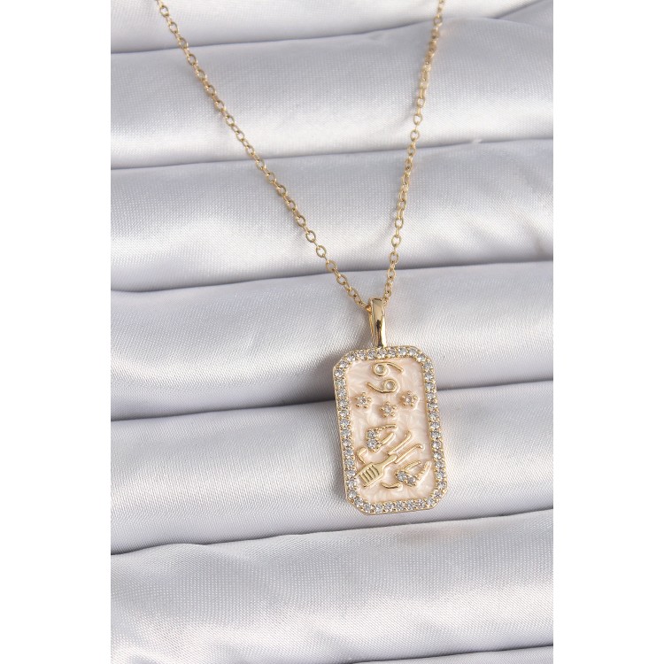 316L Çelik Gold Renk Zincir Burcu Zirkon Taşlı Kadın Kolye TJ-BKO9467
