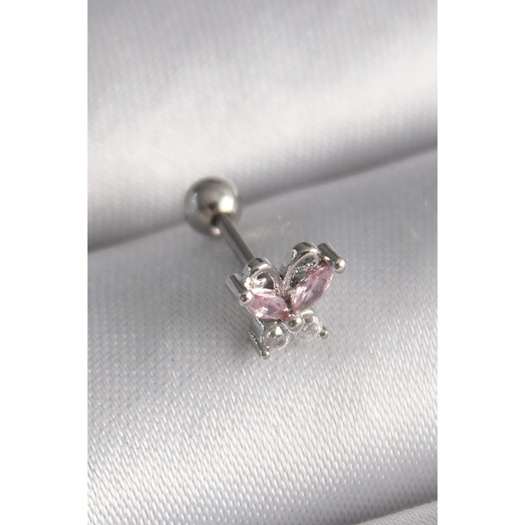 316L Çelik Gümüş Renk Pembe Zirkon Taşlı Tragus Piercing TJ-PR1241