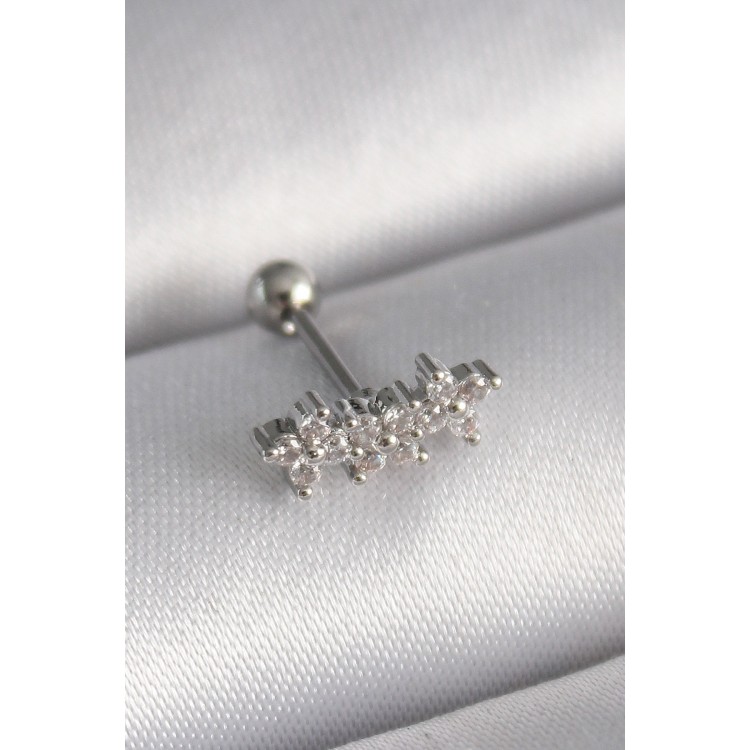 316L Çelik Gümüş Renk Zirkon Taşlı Yonca Tragus Piercing TJ-PR1255