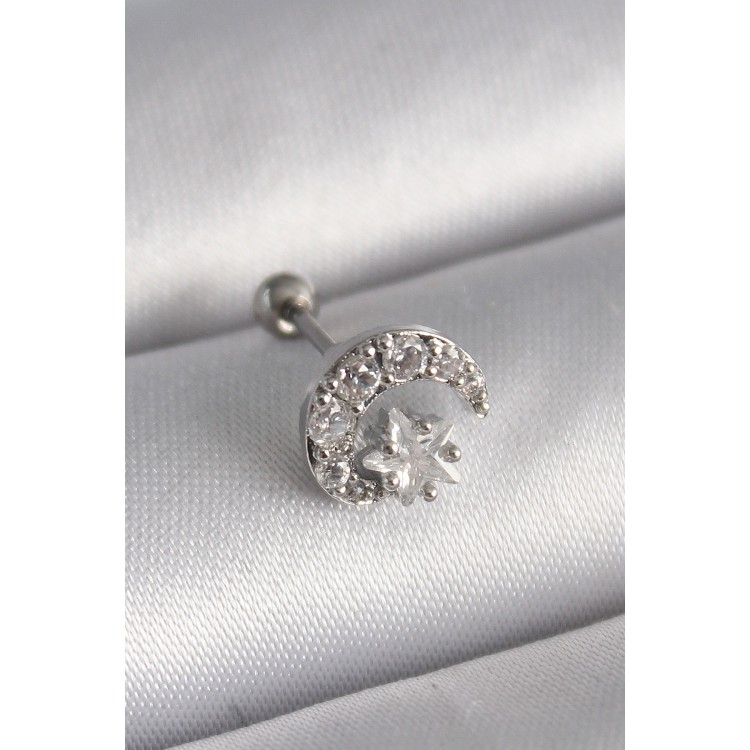 316L Çelik Gümüş Renk Zirkon Taşlı Ay Yıldız Tragus Piercing TJ-PR1257