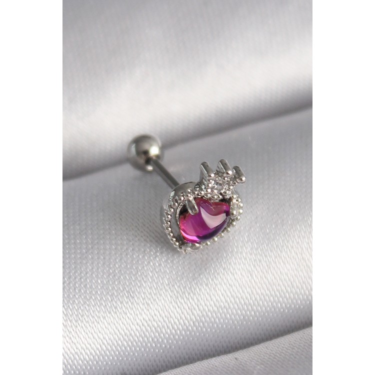 316L Çelik Gümüş Renk Pembe Mineli Kalp Zirkon Taş Detaylı Taç Tragus Piercing TJ-PR1263
