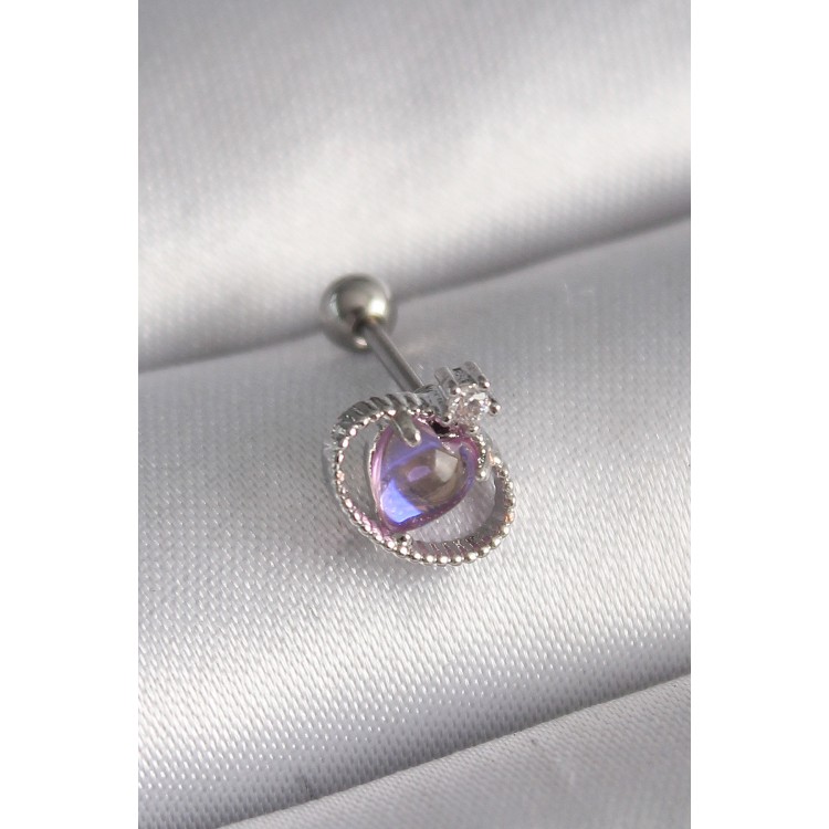 316L Çelik Gümüş Renk Mor Mineli Kalp Zirkon Taş Detay Tragus Piercing TJ-PR1273