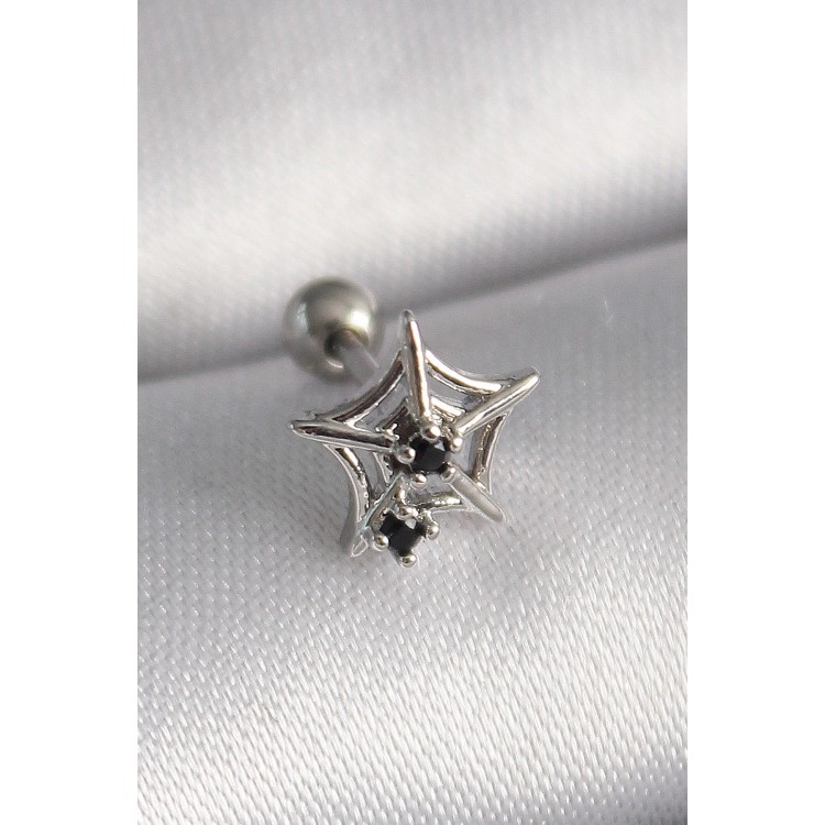 316L Çelik Gümüş Renk Siyah Zirkon Taş Detay Örümcek Ağ Model Tragus Piercing TJ-PR1293