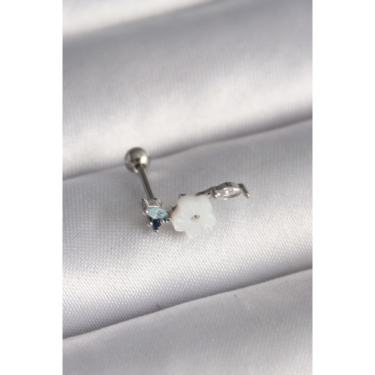 316L Çelik Gümüş Renk Zirkon Taş Detay Beyaz Çiçek Model Tragus Piercing TJ-PR1357