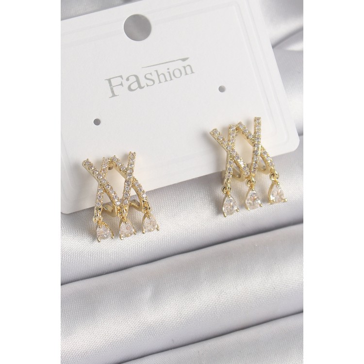Pirinç Gold Renk Zirkon Taşlı X Model Sallantı Detay Kadın Küpe TJ-BKP9872