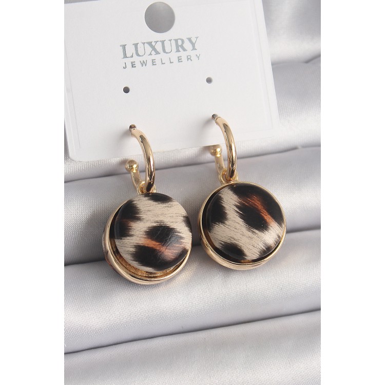 Pirinç Gold Renk Leopar Desenli Daire Model Kadın Küpe TJ-BKP9878