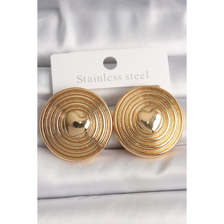 Pirinç Gold Renk Kalp İşlemeli Daire Plaka Model Kadın Küpe TJ-BKP10155