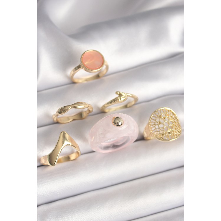 Pirinç Gold Renk Pembe Plastik Yüzük Model Daire Pembe Mine Yılan Detay 6'Lı Kadın Yüzük Seti TJ-BYK3613
