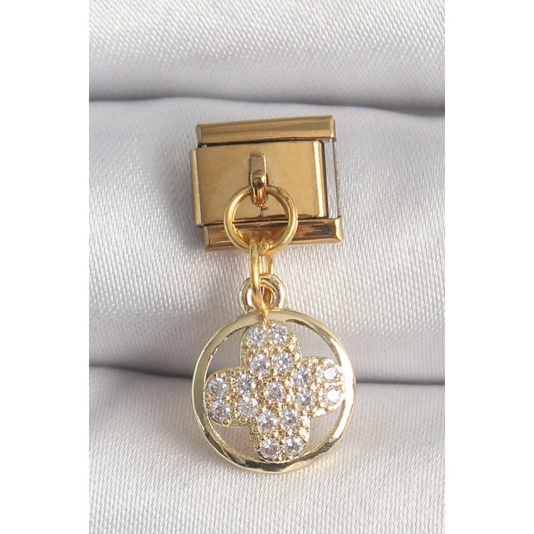 316L Çelik Gold Renk Sallantı Zirkon Taşlı Yonca Model Nomination Charm TJ-BC1340