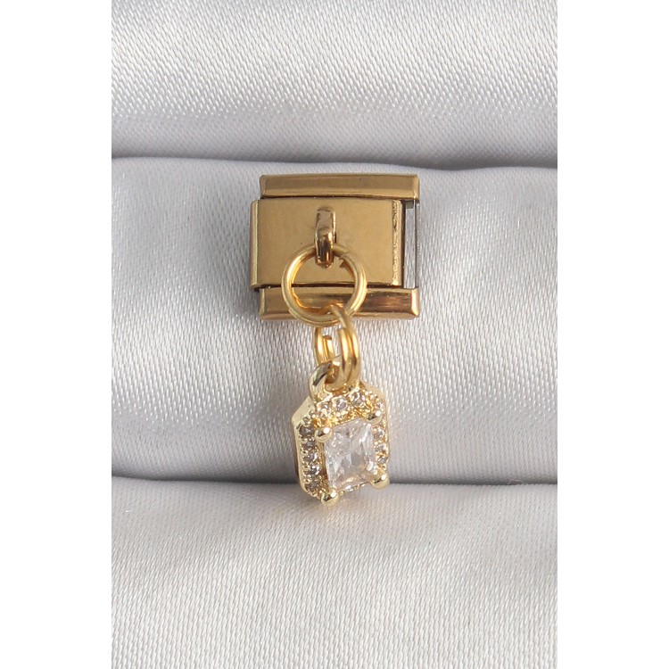 316L Çelik Gold Renk Sallantı Zirkon Taşlı Kare Model Nomination Charm TJ-BC1348