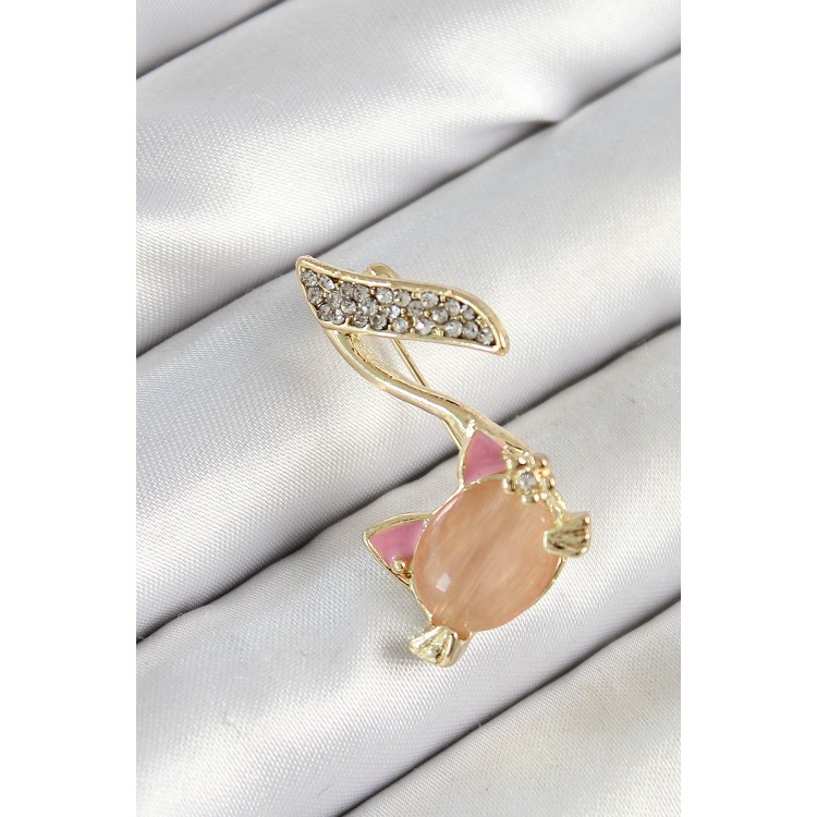 Zirkon Taşlı 3D Kedi Detaylı Nota Figürlü Gold Renk Kadın Broş TJ-BR444