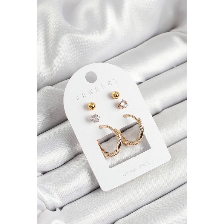Pirinç Zirkon Taş Ve Halka Figürlü Gold Renk 3'lü Çift Kadın Küpe Set TJ-BKP10652