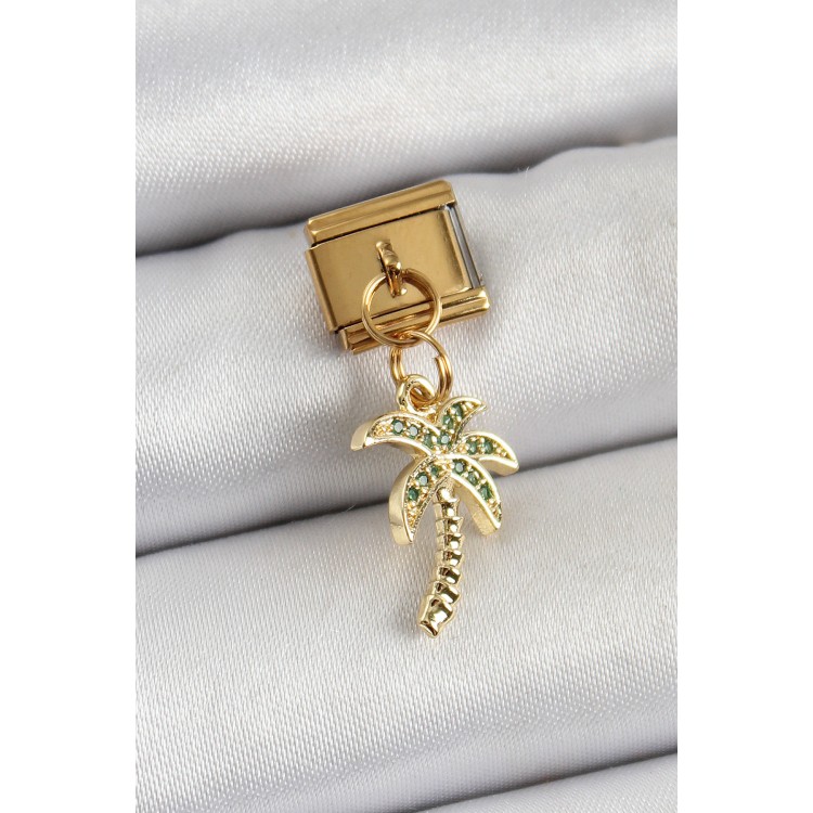 316L Çelik Sallantılı Zirkon Taşlı Palmiye Ağacı Model Gold Renk Nomination Charm TJ-BC1398