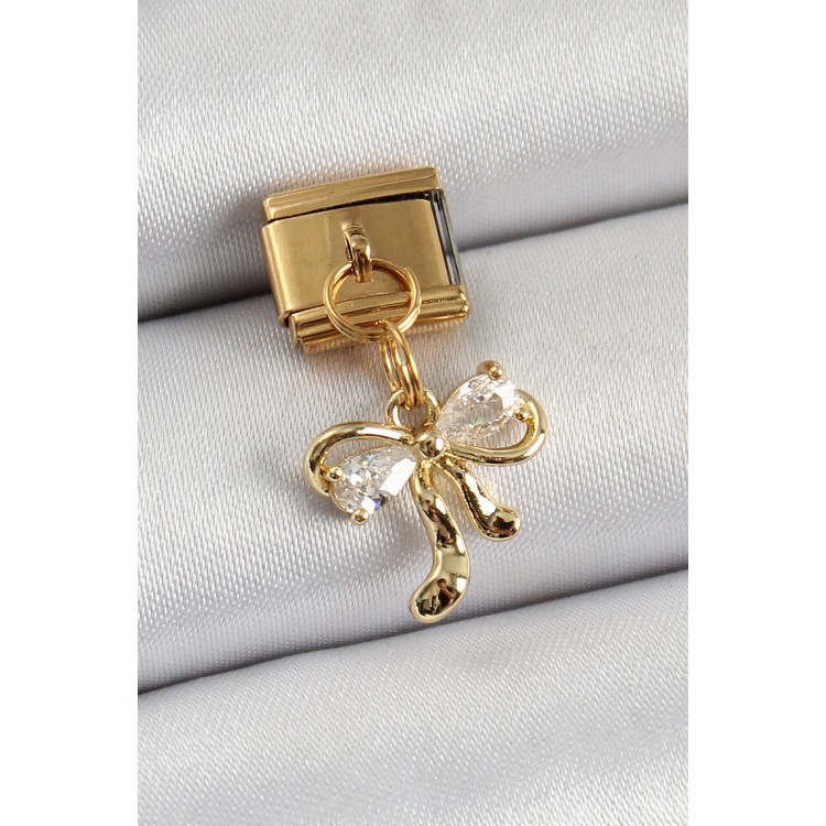 316L Çelik Sallantılı Zirkon Taşlı Fiyonk Model Gold Renk Nomination Charm TJ-BC1400