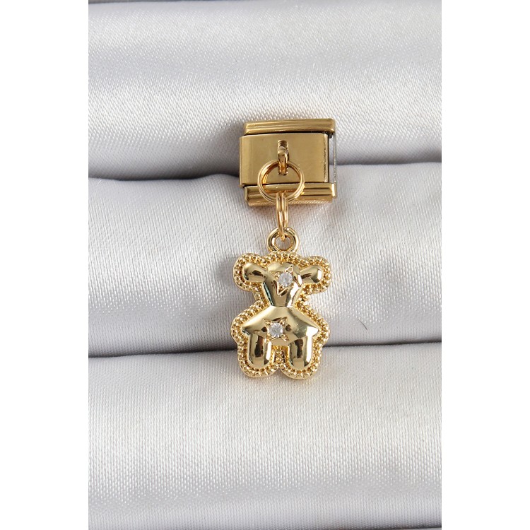 316L Çelik Sallantılı Zirkon Taşlı Ayıcık Model Gold Renk Nomination Charm TJ-BC1410