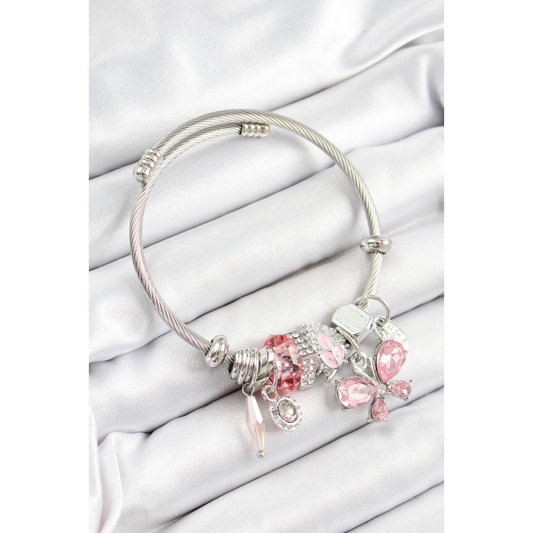 316L Çelik Pembe Zirkon Taşlı Model Gümüş Renk Charm Bileklik - TJ-BB7248
