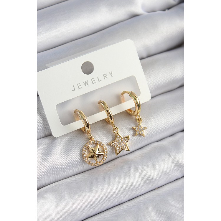 Pirinç Zirkon Taşlı Yıldız Model Gold Renk 3'lü Çift Kadın Küpe Set TJ-BKP10835