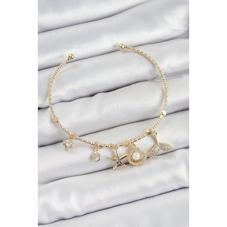 Pirinç Zirkon Taşlı İstiridye Ve Deniz Yıldızı Model Gold Renk Charm Bileklik TJ-BB7358
