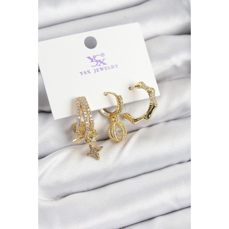 Pirinç Zİrkon Taşlı Sallantılı Yıldız Model Gold Renk 3'lü Kadın Küpe TJ-BKP10938