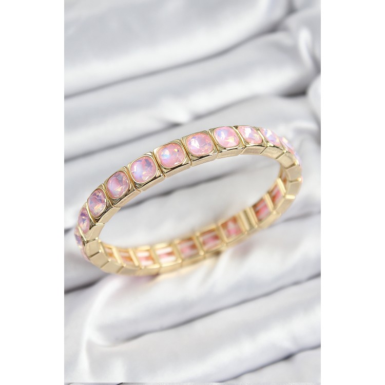 Pirinç Pembe Zirkon Taşlı Kare Model Gold Renk Lastikli Kadın Bileklik TJ-BB7499