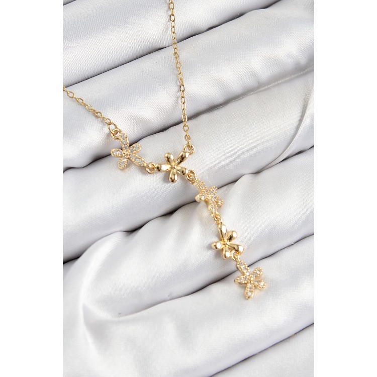 316L Çelik Zirkon Taşlı Çiçek Model Gold Renk Kadın Kolye TJ-BKO10407