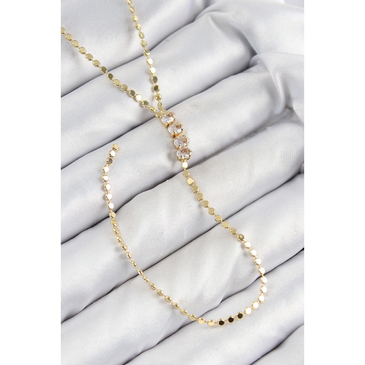 Pirinç Zirkon Taşlı Ezme Zincirli Model Gold Renk Y Kolye TJ-BKO10465