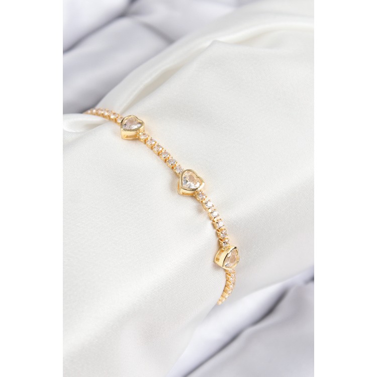 Pirinç Zirkon Taşlı Sıralı Kalp Model Gold Renk Kadın Bileklik TJ-BB7729