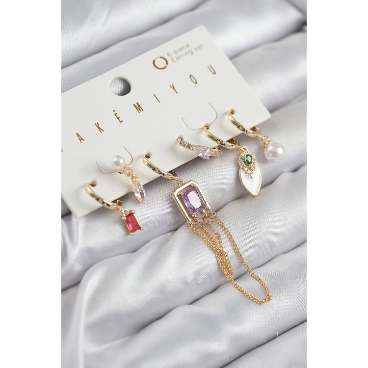 Pirinç Zirkon Taşlı Sallantılı Ve İncili Gold Renk 6'lı Küpe Set - TJ-BKP11204