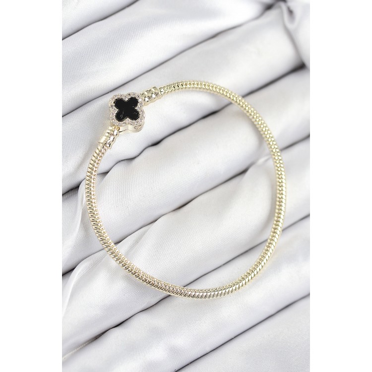 Pirinç Charm Zirkon Taşlı Yonca Model Gold Renk Kadın Bileklik TJ-BB7806
