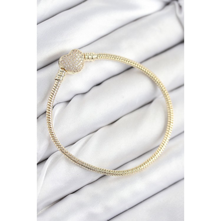 Pirinç Charm Zirkon Taşlı Kalp Model Gold Renk Kadın Bileklik TJ-BB7809