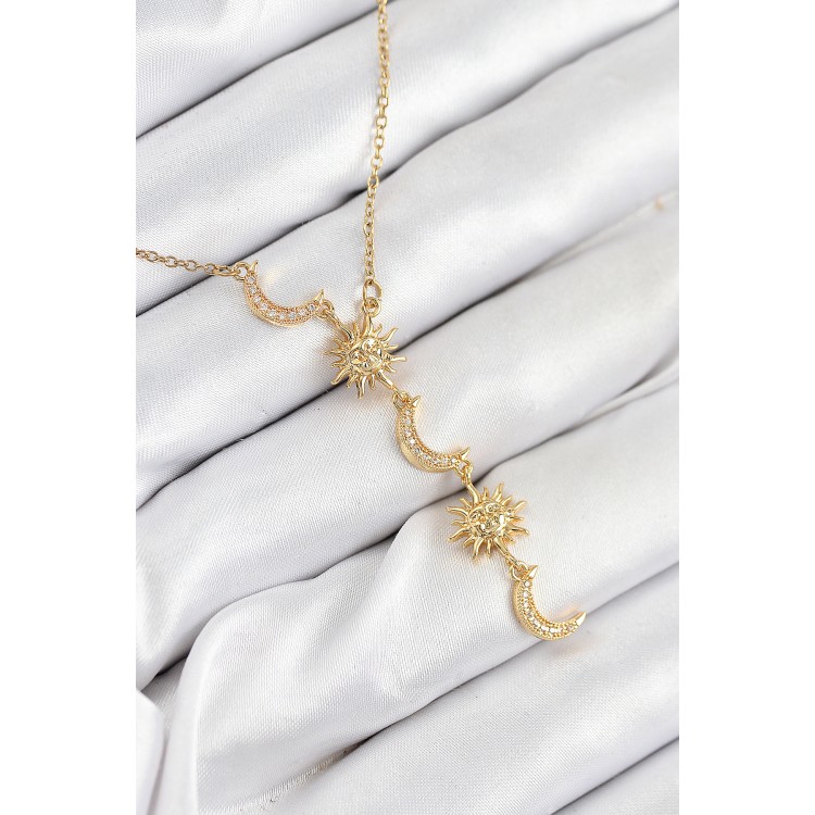 316L Çelik Zirkon Taşlı Güneş Ve Ay Model Gold Renk Kadın Kolye TJ-BKO10548