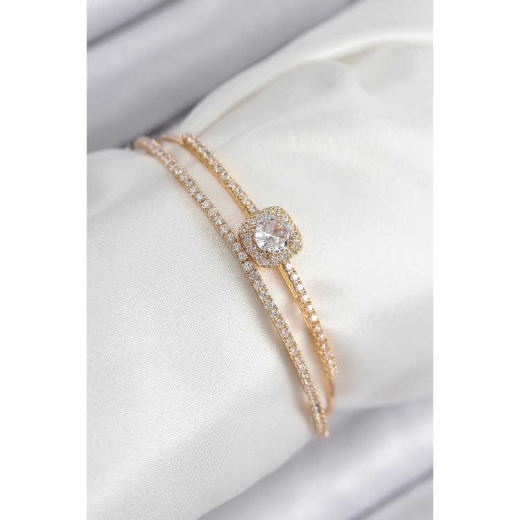 Pirinç Zirkon Taşlı Baget Model Gold Renk Kadın Bileklik TJ-BB7871