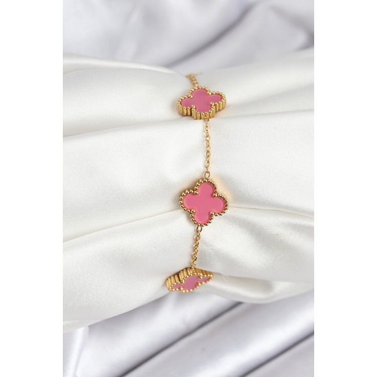 316L Çelik Gold Zincir Pembe Yonca Renk Bileklik TJ-BB7908