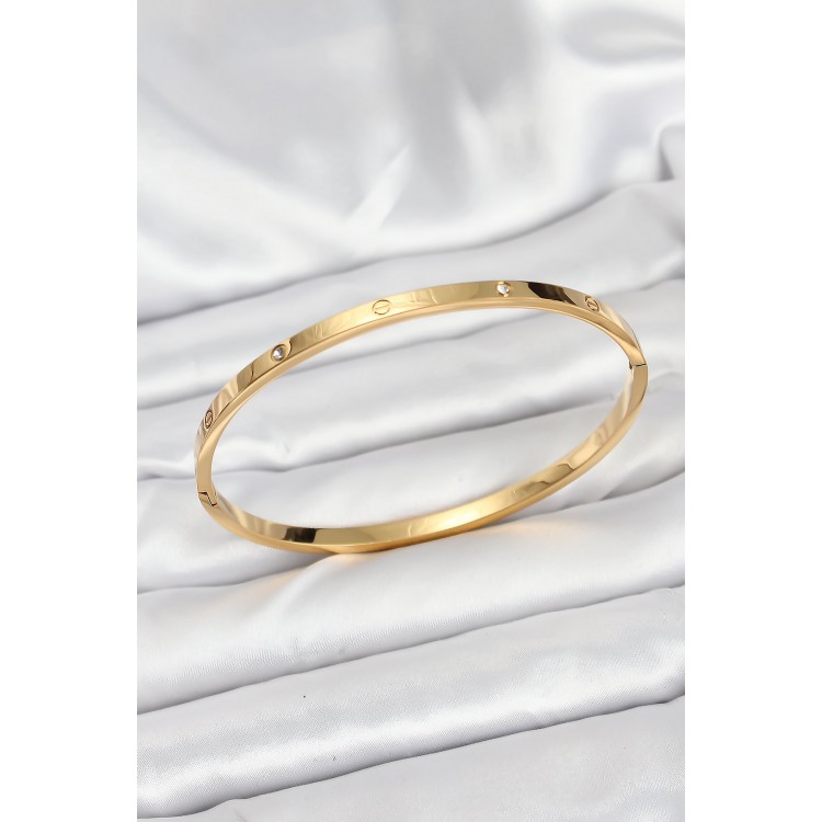 316L Çelik Gold Renk Zirkon Taşlı 65 mm İnce Kadın Kelepçe Bileklik TJ-BB7914