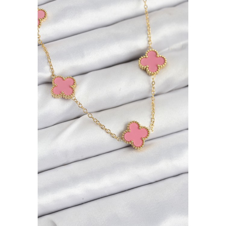 316L Çelik Zincir Gold Pembe Renk Yonca Kadın Kolye TJ-BKO10583