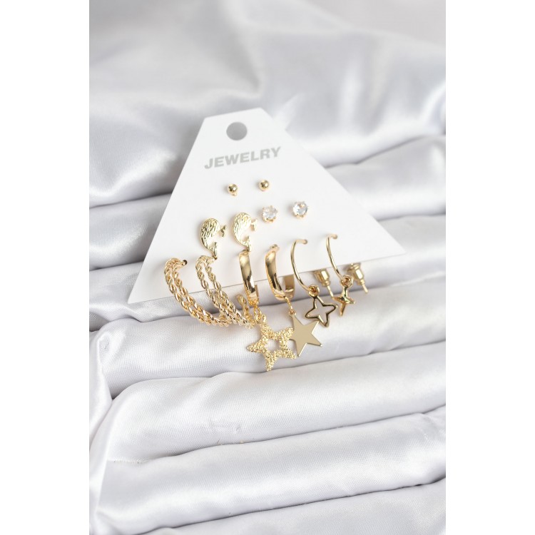 Gold Renk Yıldızlı Set 6 Çift Kadın Küpe Seti TJ-BKP11320