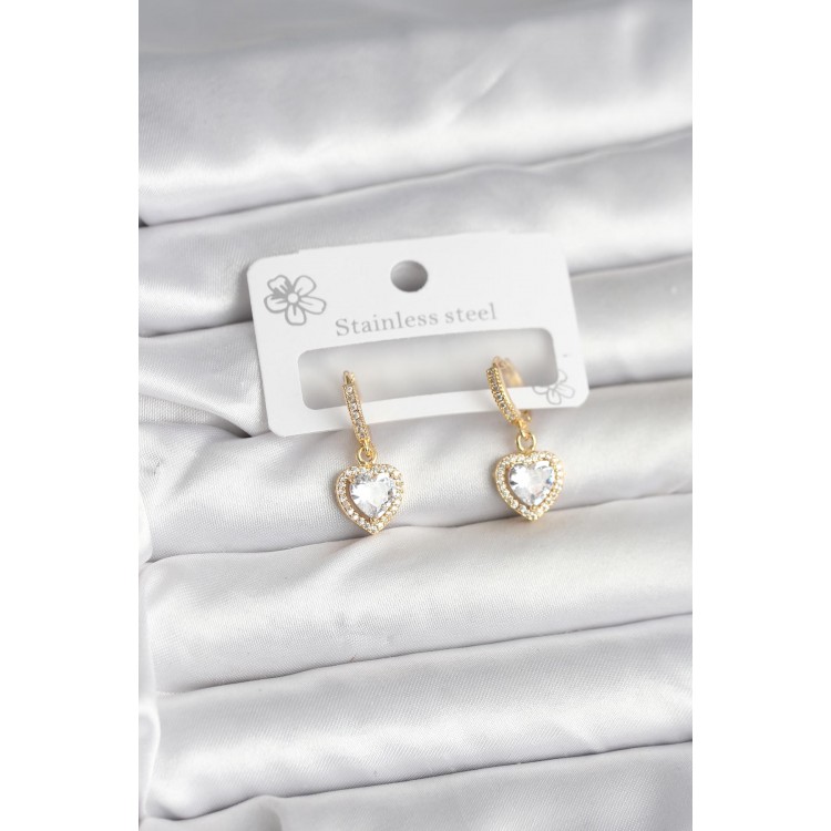 Pirinç Gold Renk Zirkon Taşlı Kalp Model Kadın Küpe TJ-BKP11394