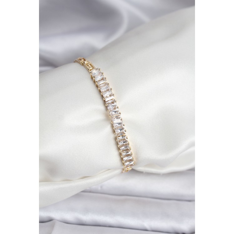14K Gold Renk Kaplama Zirkon Taşlı Baget Model CM Kadın Bileklik TJ-BB8126