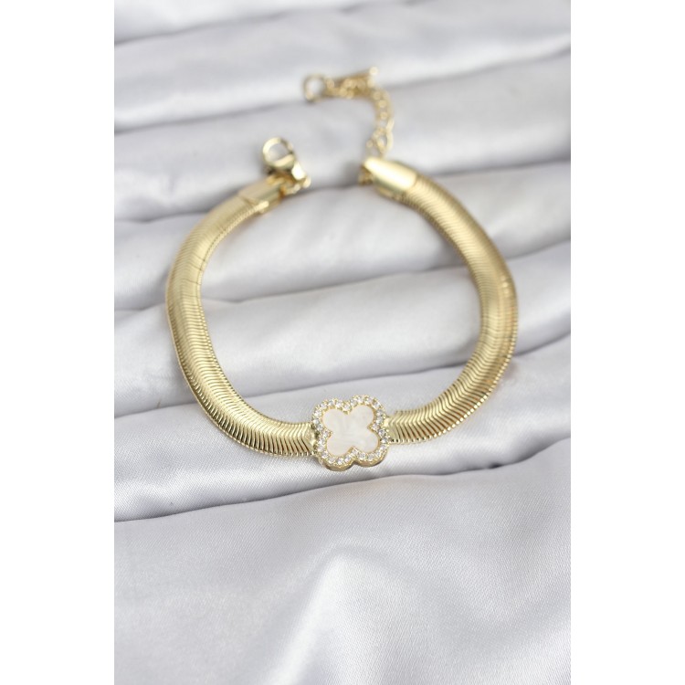 316L Çelik Gold Renk Beyaz Yonca Model Zirkon Taşlı Yılan Zincirli Kadın Bileklik TJ-BB8157