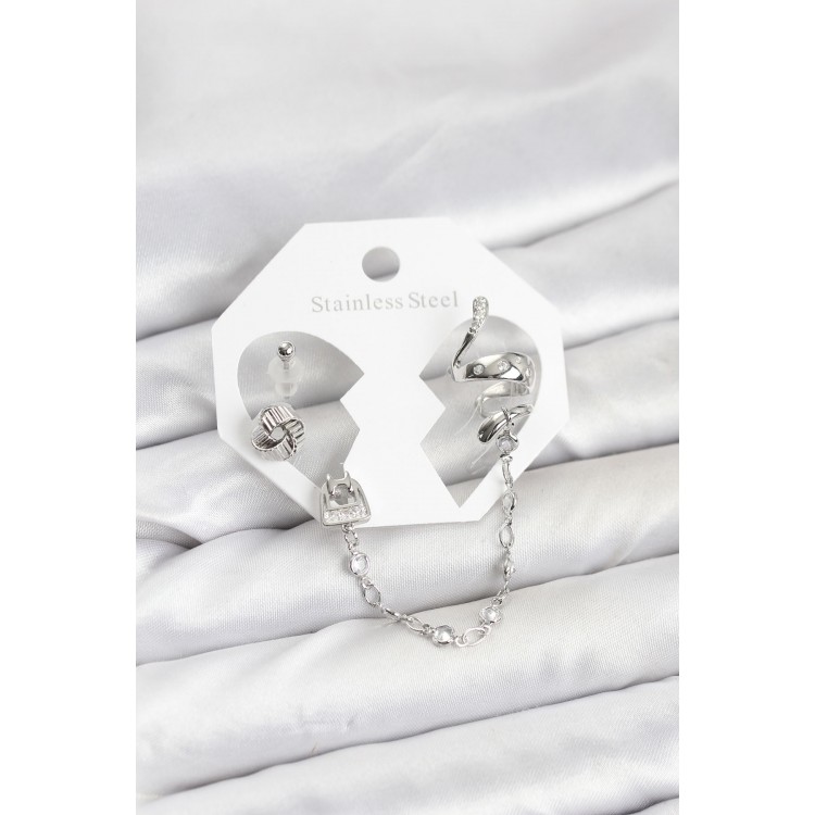 Pirinç Gümüş Renk Yılan Model Zincir Bağlantılı Ear Cuff Küpe Seti TJ-BKP11533