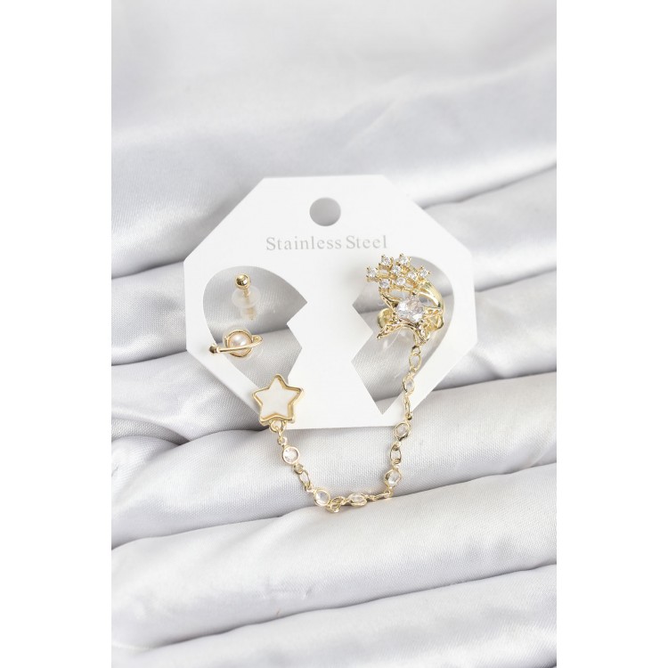 Pirinç Gold Renk Yıldız Model Zincir Bağlantılı Ear Cuff Küpe Seti TJ-BKP11538