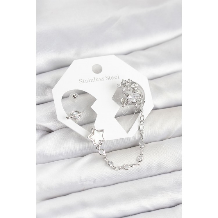 Pirinç Gümüş Renk Yıldız Model Zincir Bağlantılı Ear Cuff Küpe Seti TJ-BKP11539