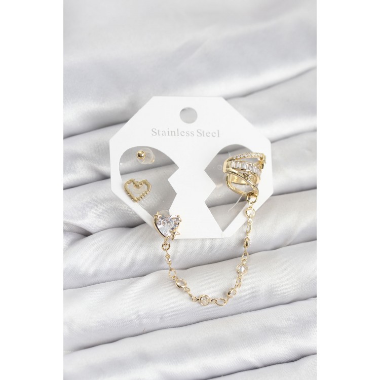 Pirinç Gold Renk Kalp Model Zincir Bağlantılı Ear Cuff Küpe Seti TJ-BKP11541