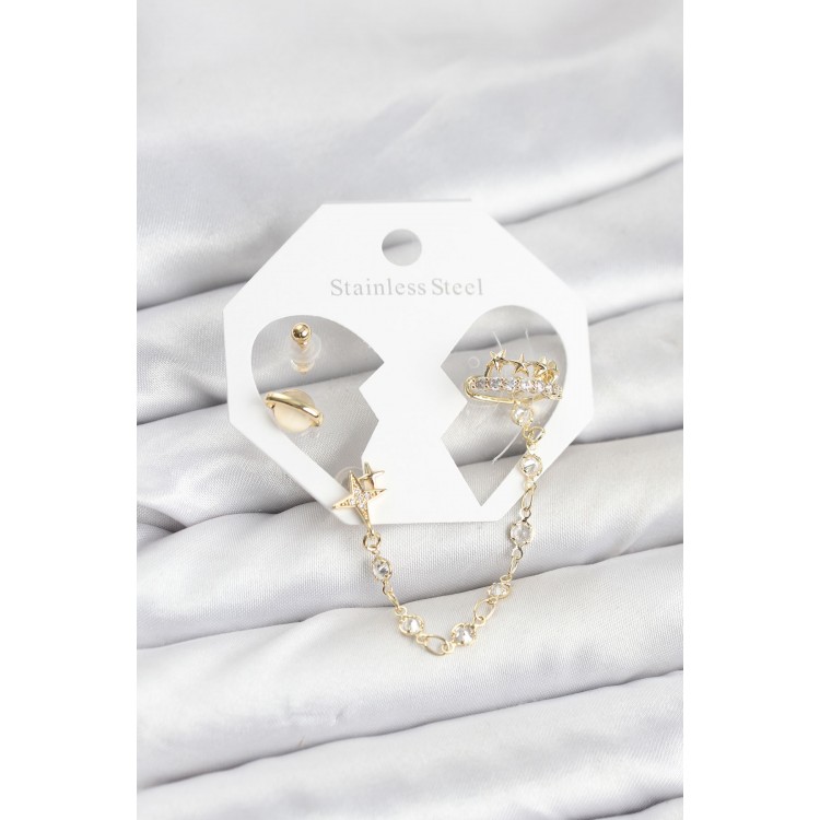 Pirinç Gold Renk Uzay Model Zincir Bağlantılı Ear Cuff Küpe Seti TJ-BKP11542