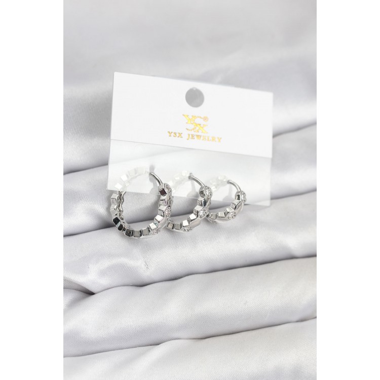 Pirinç Gümüş Renk Zirkon Taşlı Petek Halka Model YSX Trio Küpe Seti TJ-BKP11567