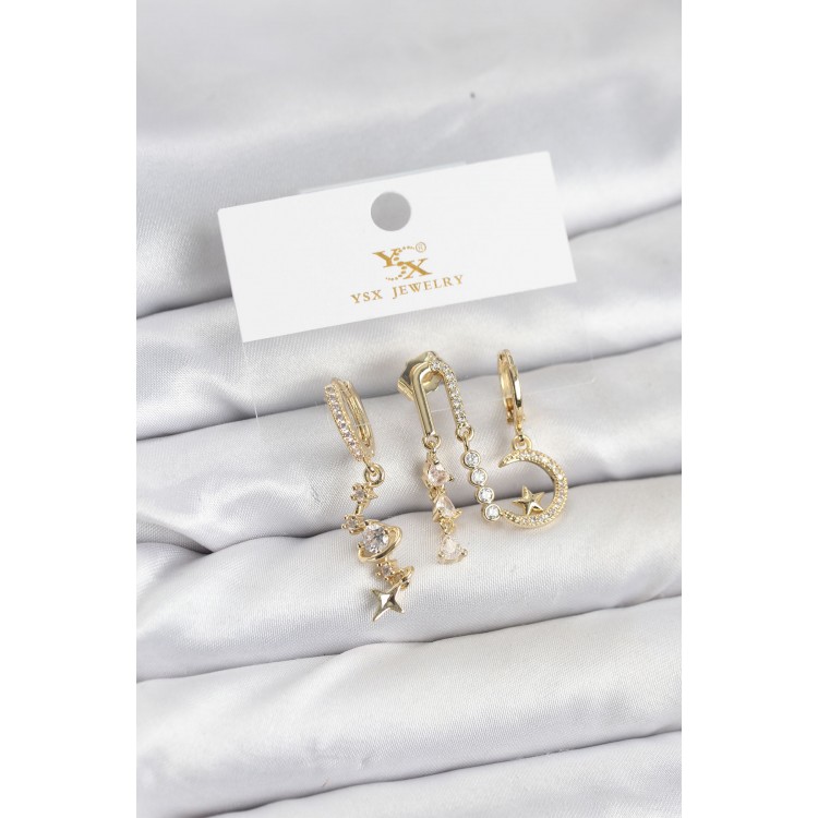 Pirinç Gold Renk Zirkon Taşlı Uzay Model YSX Trio Küpe Seti TJ-BKP11568