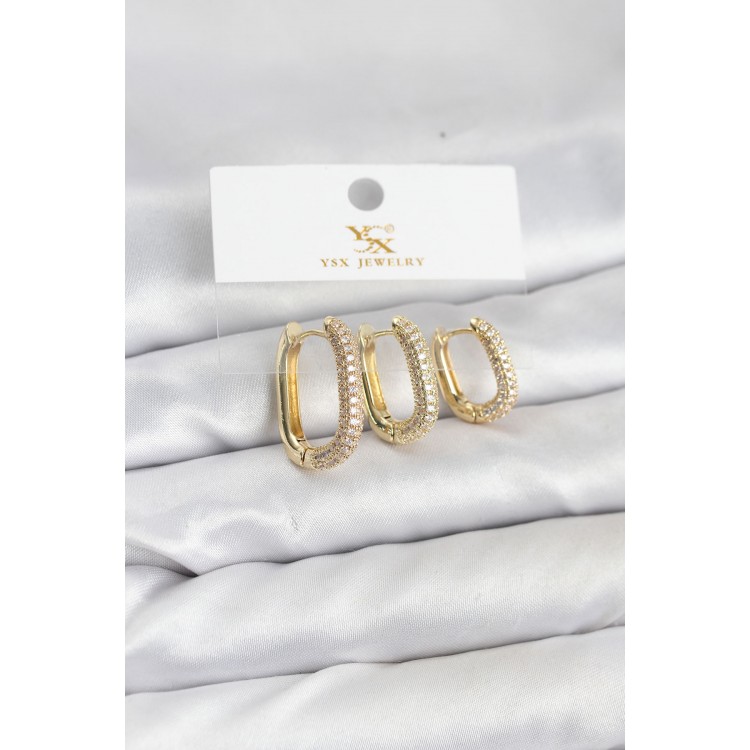 Pirinç Gold Renk Zirkon Taşlı Halka Model YSX Trio Küpe Seti TJ-BKP11570